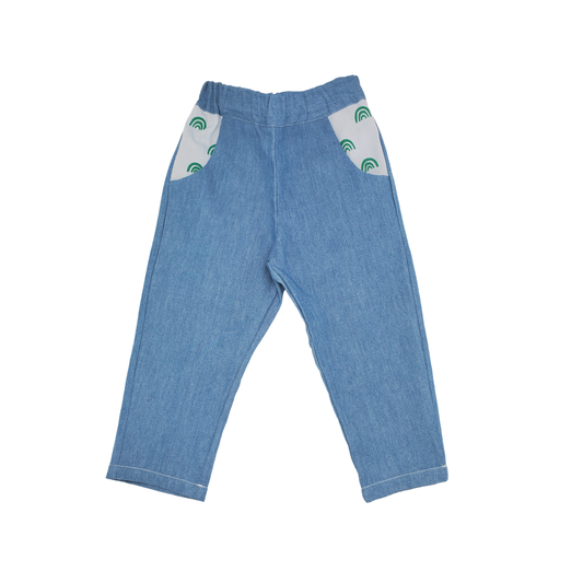 pantalon mixte à poches motif vert sérigraphie coupe confortable pratique vêtement enfant upcycling écoresponsable made in france